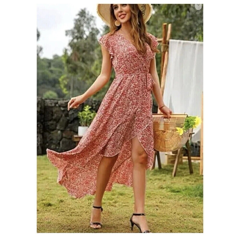 Grecerelle Faux Wrap Maxi Dress Medium Red Floral  Flutter Sleeve Hi Low no belt